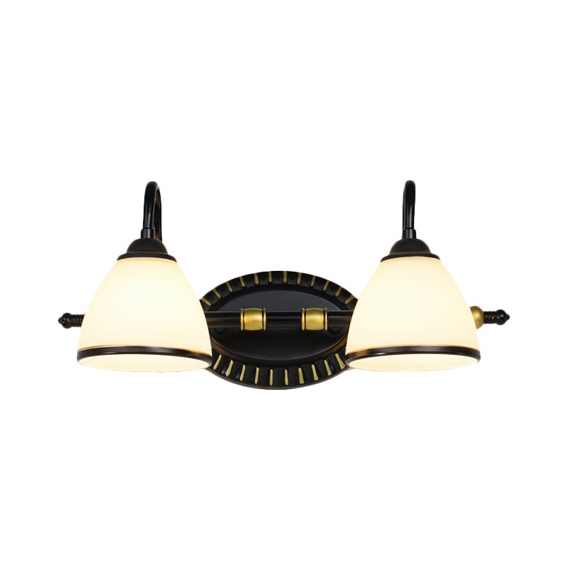 Traditional Bowl Vanity Lighting Fixture 2/3 Bulbs Milky Glass Sconce Wall Light in Black with Metal Curving Arm Clearhalo 'Vanity Lights' 'Wall Lights' Lighting' 1460852