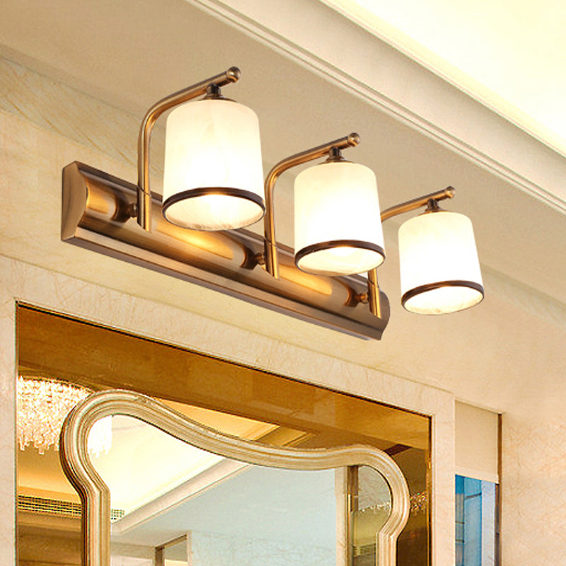 2/3 Lights Column Vanity Lighting Colonial Gold Frosted White Glass Wall Sconce Light Fixture for Bathroom 3.0 Gold Clearhalo 'Vanity Lights' 'Wall Lights' Lighting' 1460855