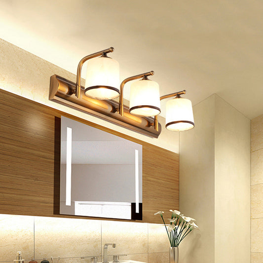 2/3 Lights Column Vanity Lighting Colonial Gold Frosted White Glass Wall Sconce Light Fixture for Bathroom Clearhalo 'Vanity Lights' 'Wall Lights' Lighting' 1460856