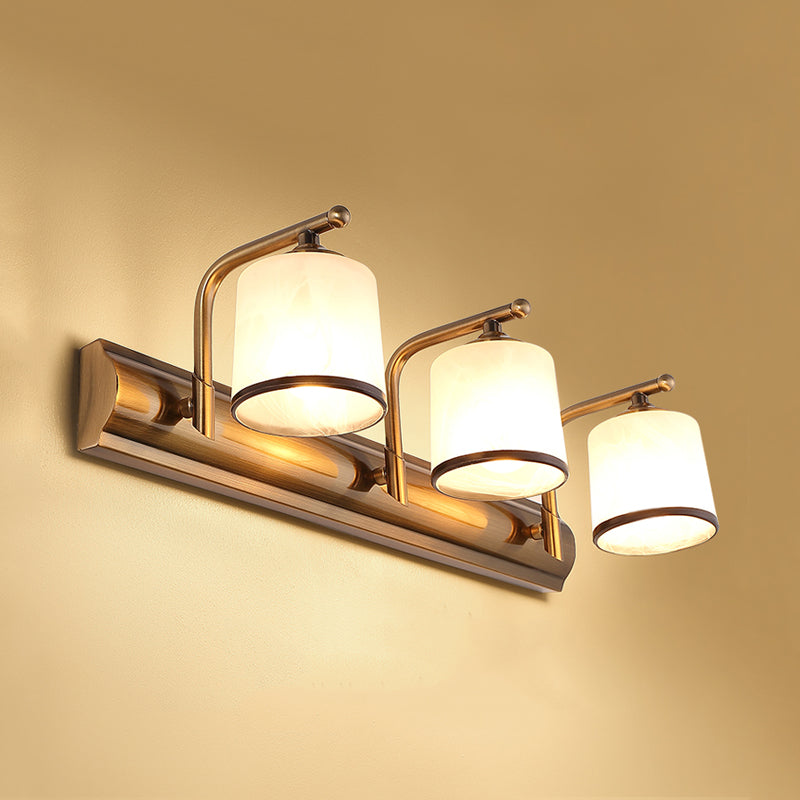 2/3 Lights Column Vanity Lighting Colonial Gold Frosted White Glass Wall Sconce Light Fixture for Bathroom Clearhalo 'Vanity Lights' 'Wall Lights' Lighting' 1460858