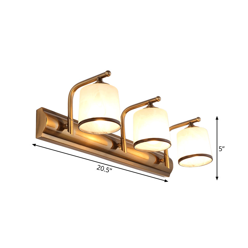 2/3 Lights Column Vanity Lighting Colonial Gold Frosted White Glass Wall Sconce Light Fixture for Bathroom Clearhalo 'Vanity Lights' 'Wall Lights' Lighting' 1460859