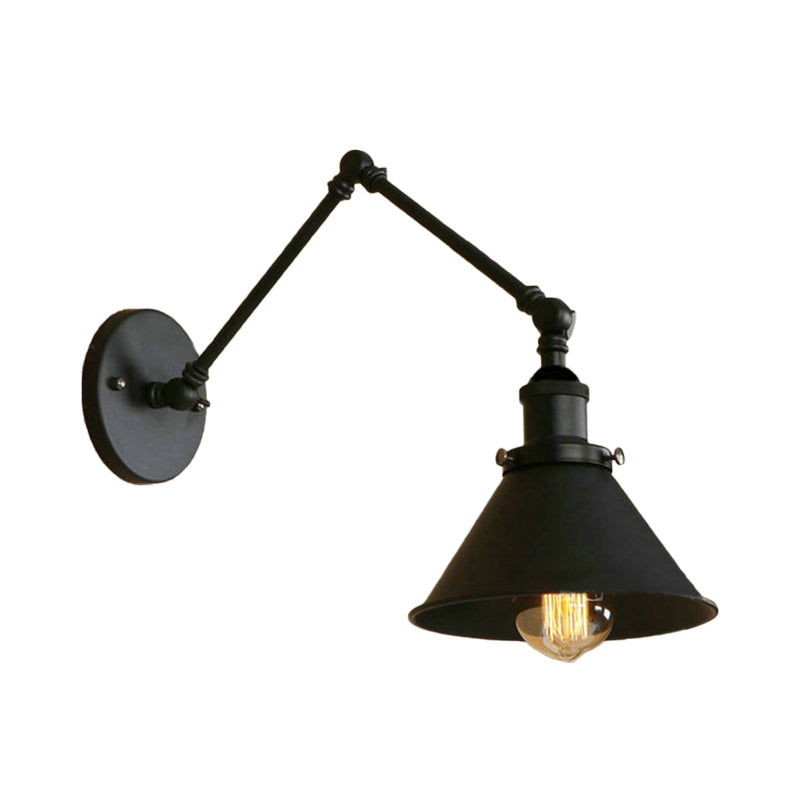 Metal Swing Arm Wall Mount Light Industrial 1 Bulb Study Room Wall Sconce with Tapered Shade in Black Clearhalo 'Art deco wall lights' 'Cast Iron' 'Glass' 'Industrial wall lights' 'Industrial' 'Middle century wall lights' 'Modern' 'Rustic wall lights' 'Tiffany' 'Traditional wall lights' 'Wall Lamps & Sconces' 'Wall Lights' Lighting' 146086