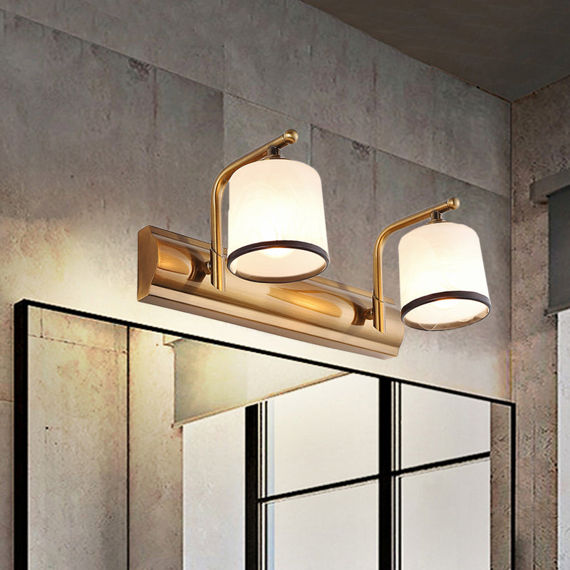 2/3 Lights Column Vanity Lighting Colonial Gold Frosted White Glass Wall Sconce Light Fixture for Bathroom 2.0 Gold Clearhalo 'Vanity Lights' 'Wall Lights' Lighting' 1460860