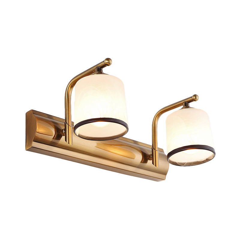 2/3 Lights Column Vanity Lighting Colonial Gold Frosted White Glass Wall Sconce Light Fixture for Bathroom Clearhalo 'Vanity Lights' 'Wall Lights' Lighting' 1460862