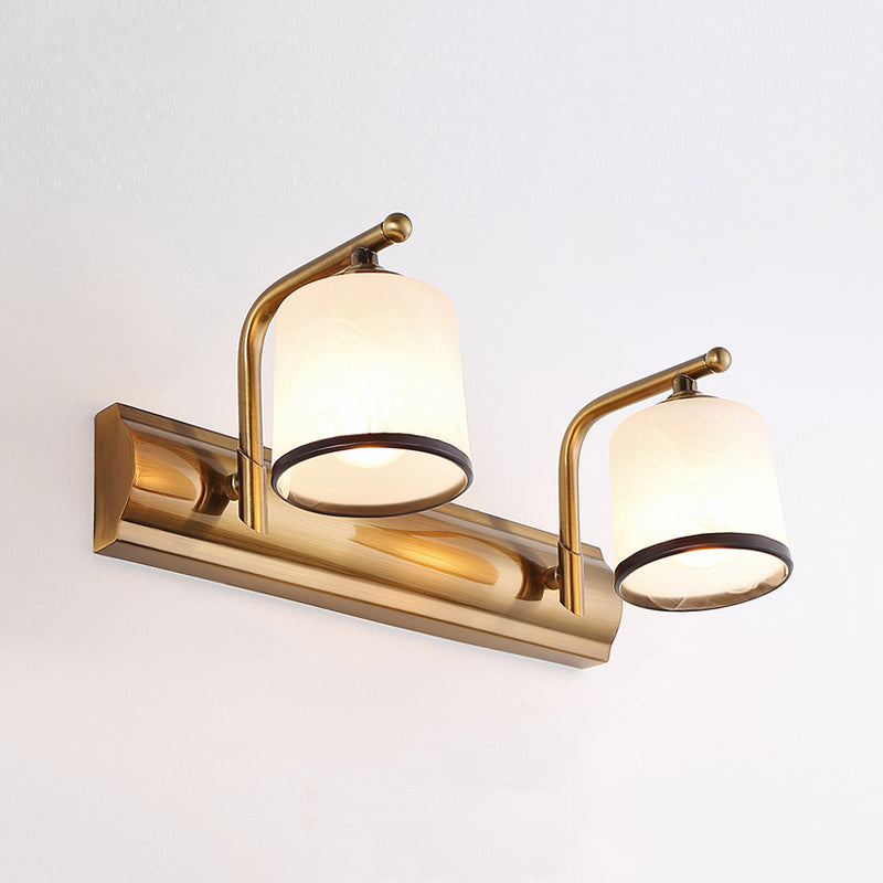 2/3 Lights Column Vanity Lighting Colonial Gold Frosted White Glass Wall Sconce Light Fixture for Bathroom Clearhalo 'Vanity Lights' 'Wall Lights' Lighting' 1460863