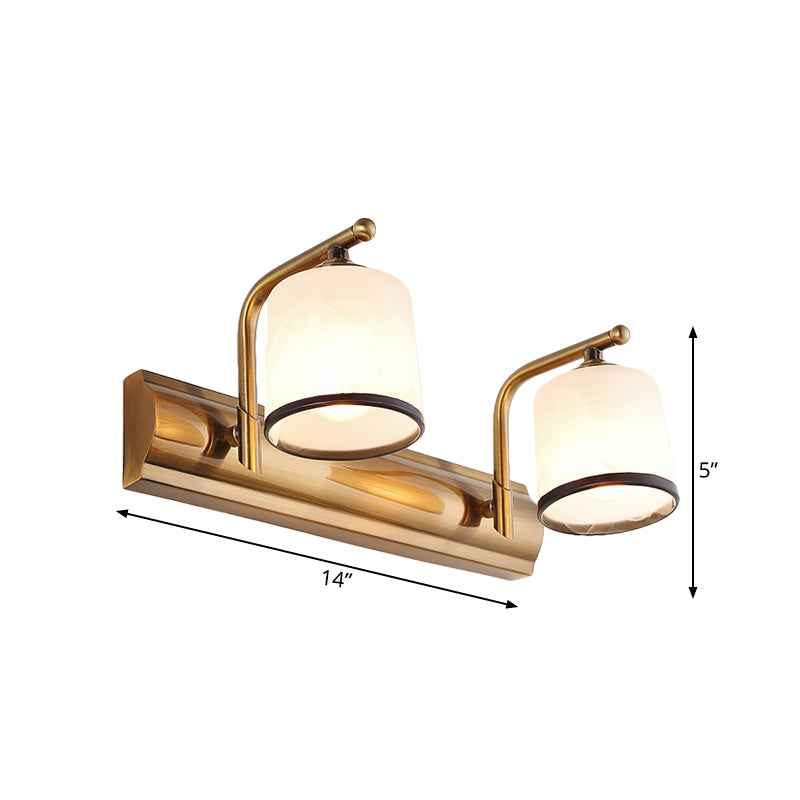 2/3 Lights Column Vanity Lighting Colonial Gold Frosted White Glass Wall Sconce Light Fixture for Bathroom Clearhalo 'Vanity Lights' 'Wall Lights' Lighting' 1460864