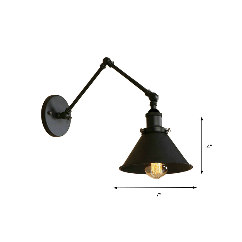 Metal Swing Arm Wall Mount Light Industrial 1 Bulb Study Room Wall Sconce with Tapered Shade in Black Clearhalo 'Art deco wall lights' 'Cast Iron' 'Glass' 'Industrial wall lights' 'Industrial' 'Middle century wall lights' 'Modern' 'Rustic wall lights' 'Tiffany' 'Traditional wall lights' 'Wall Lamps & Sconces' 'Wall Lights' Lighting' 146087
