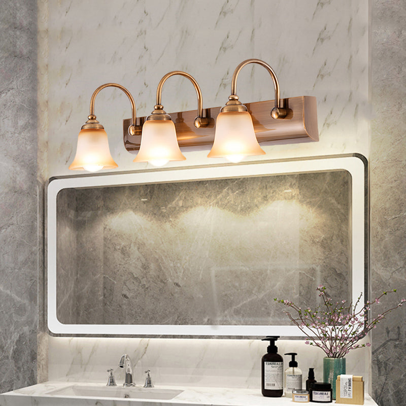 Bell Frosted Glass Vanity Lamp Vintage 2/3 Bulbs Bathroom Wall Mounted Light Fixture in Gold with Gooseneck Arm Clearhalo 'Vanity Lights' 'Wall Lights' Lighting' 1460871