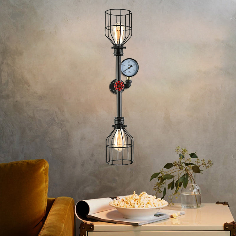 Metal Cage Shade Wall Sconce Fixture Industrial 2 Bulbs Living Room Wall Lighting with Gauge and Pipe in Black Black Clearhalo 'Art deco wall lights' 'Cast Iron' 'Glass' 'Industrial wall lights' 'Industrial' 'Middle century wall lights' 'Modern' 'Rustic wall lights' 'Tiffany' 'Traditional wall lights' 'Wall Lamps & Sconces' 'Wall Lights' Lighting' 146092