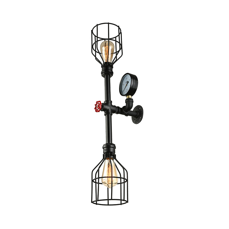 Metal Cage Shade Wall Sconce Fixture Industrial 2 Bulbs Living Room Wall Lighting with Gauge and Pipe in Black Clearhalo 'Art deco wall lights' 'Cast Iron' 'Glass' 'Industrial wall lights' 'Industrial' 'Middle century wall lights' 'Modern' 'Rustic wall lights' 'Tiffany' 'Traditional wall lights' 'Wall Lamps & Sconces' 'Wall Lights' Lighting' 146094