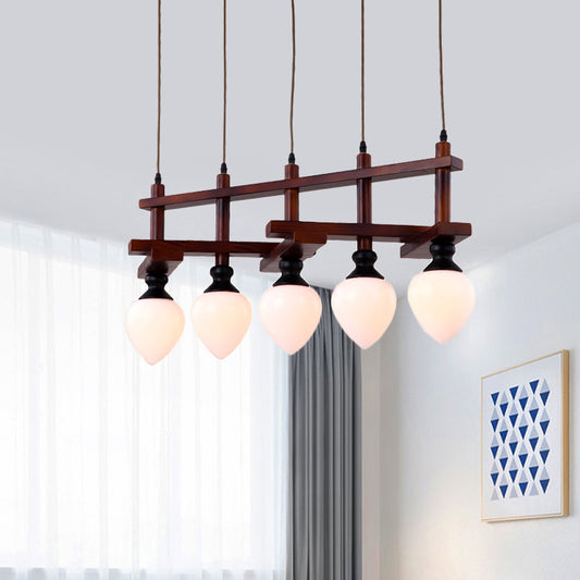 Brown 5 Heads Cluster Pendant Light Retro Opal Glass Pear Suspension Lamp with Linear Wooden Canopy Clearhalo 'Ceiling Lights' 'Pendant Lights' 'Pendants' Lighting' 1460940