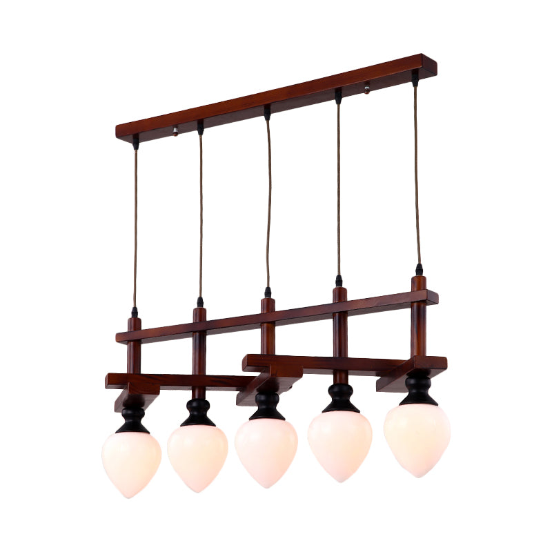 Brown 5 Heads Cluster Pendant Light Retro Opal Glass Pear Suspension Lamp with Linear Wooden Canopy Clearhalo 'Ceiling Lights' 'Pendant Lights' 'Pendants' Lighting' 1460941