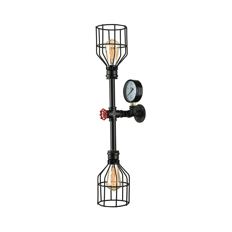 Metal Cage Shade Wall Sconce Fixture Industrial 2 Bulbs Living Room Wall Lighting with Gauge and Pipe in Black Clearhalo 'Art deco wall lights' 'Cast Iron' 'Glass' 'Industrial wall lights' 'Industrial' 'Middle century wall lights' 'Modern' 'Rustic wall lights' 'Tiffany' 'Traditional wall lights' 'Wall Lamps & Sconces' 'Wall Lights' Lighting' 146095