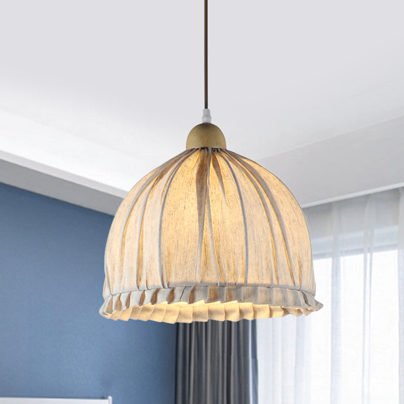 14"/16" W Bowl Fabric Suspended Lighting Fixture Retro 1 Light Dining Room Pendant in Cream Gray with Wooden Top Clearhalo 'Ceiling Lights' 'Pendant Lights' 'Pendants' Lighting' 1460959