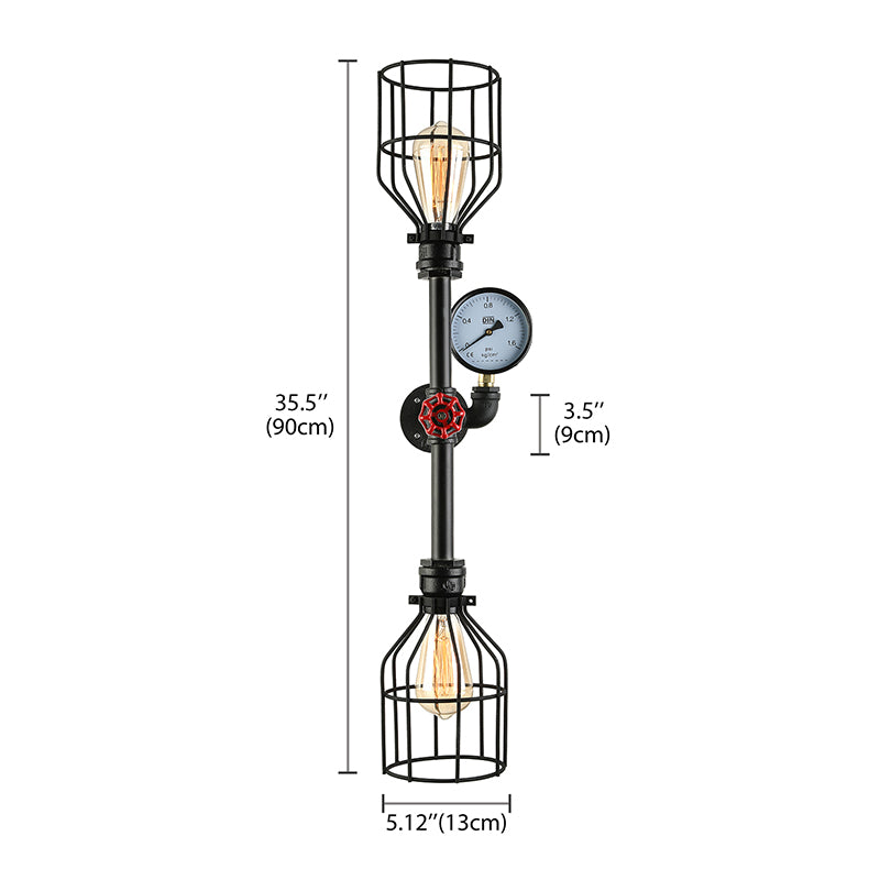 Metal Cage Shade Wall Sconce Fixture Industrial 2 Bulbs Living Room Wall Lighting with Gauge and Pipe in Black Clearhalo 'Art deco wall lights' 'Cast Iron' 'Glass' 'Industrial wall lights' 'Industrial' 'Middle century wall lights' 'Modern' 'Rustic wall lights' 'Tiffany' 'Traditional wall lights' 'Wall Lamps & Sconces' 'Wall Lights' Lighting' 146096