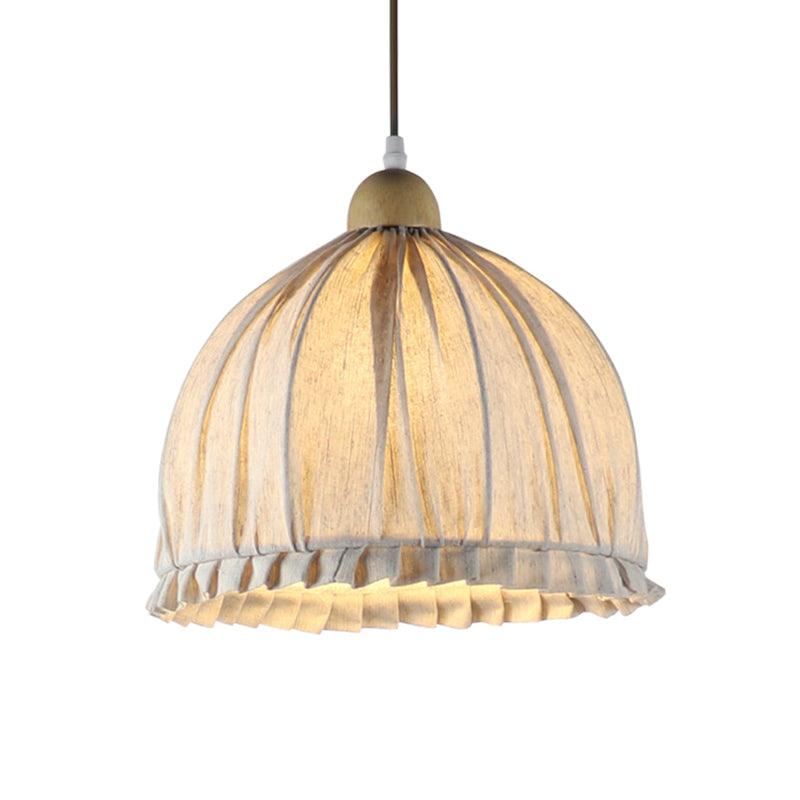 14"/16" W Bowl Fabric Suspended Lighting Fixture Retro 1 Light Dining Room Pendant in Cream Gray with Wooden Top Clearhalo 'Ceiling Lights' 'Pendant Lights' 'Pendants' Lighting' 1460961