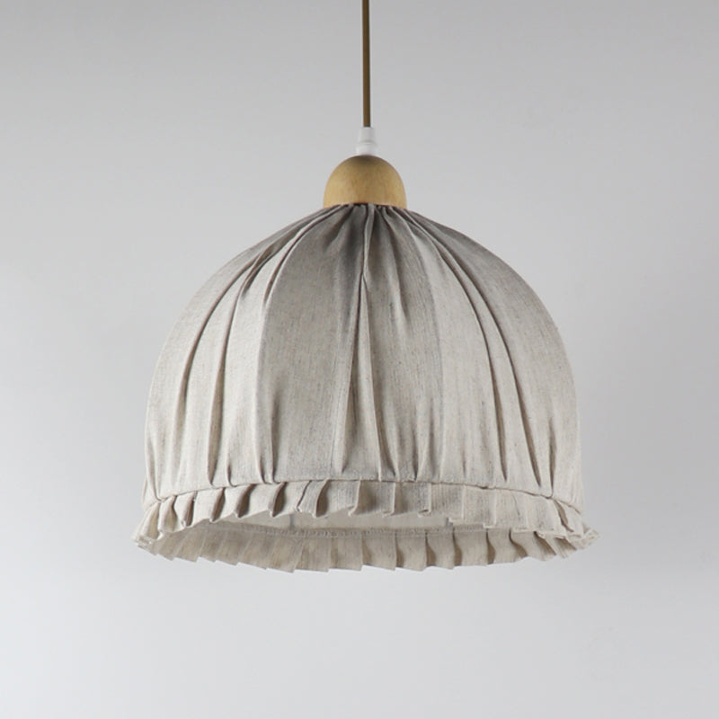 14"/16" W Bowl Fabric Suspended Lighting Fixture Retro 1 Light Dining Room Pendant in Cream Gray with Wooden Top Clearhalo 'Ceiling Lights' 'Pendant Lights' 'Pendants' Lighting' 1460962