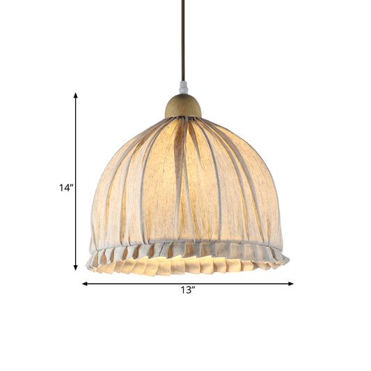 14"/16" W Bowl Fabric Suspended Lighting Fixture Retro 1 Light Dining Room Pendant in Cream Gray with Wooden Top Clearhalo 'Ceiling Lights' 'Pendant Lights' 'Pendants' Lighting' 1460963