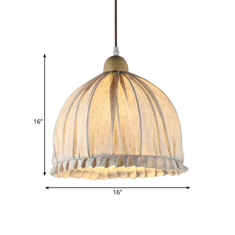 14"/16" W Bowl Fabric Suspended Lighting Fixture Retro 1 Light Dining Room Pendant in Cream Gray with Wooden Top Clearhalo 'Ceiling Lights' 'Pendant Lights' 'Pendants' Lighting' 1460964