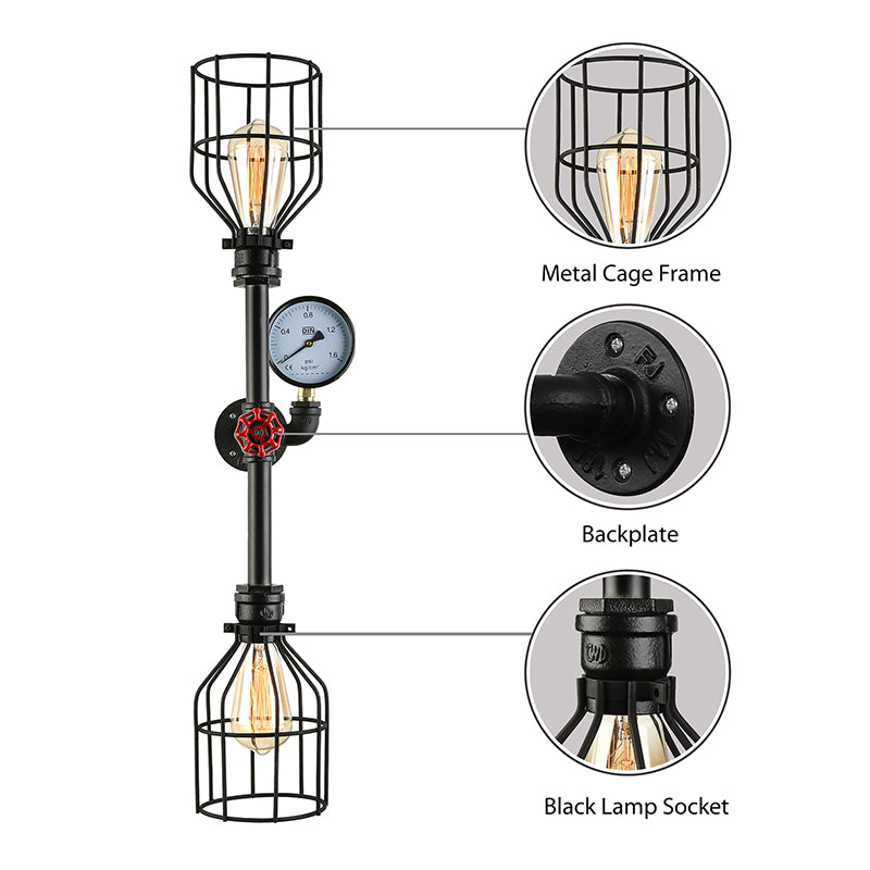 Metal Cage Shade Wall Sconce Fixture Industrial 2 Bulbs Living Room Wall Lighting with Gauge and Pipe in Black Clearhalo 'Art deco wall lights' 'Cast Iron' 'Glass' 'Industrial wall lights' 'Industrial' 'Middle century wall lights' 'Modern' 'Rustic wall lights' 'Tiffany' 'Traditional wall lights' 'Wall Lamps & Sconces' 'Wall Lights' Lighting' 146097