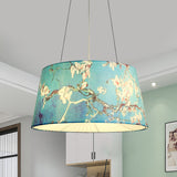 Blue/Beige 4 Heads Chandelier Light Pastoral Fabric Drum Hanging Pendant Lamp with Floral Pattern for Living Room Clearhalo 'Ceiling Lights' 'Chandeliers' Lighting' options 1460971