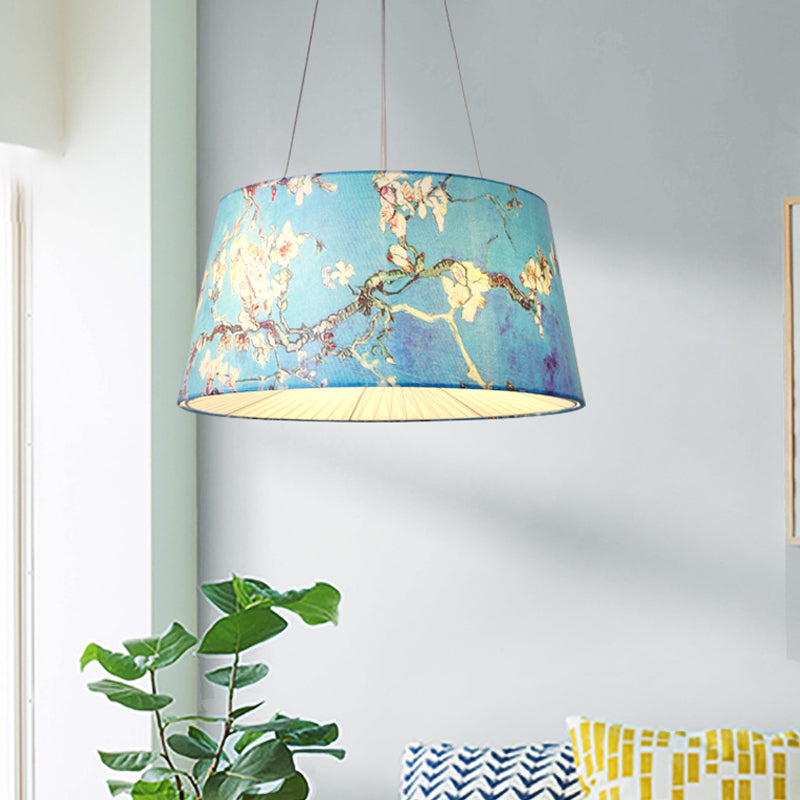Blue/Beige 4 Heads Chandelier Light Pastoral Fabric Drum Hanging Pendant Lamp with Floral Pattern for Living Room Clearhalo 'Ceiling Lights' 'Chandeliers' Lighting' options 1460972