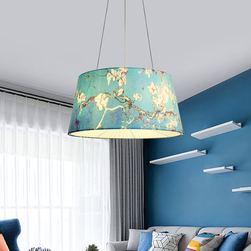 Blue/Beige 4 Heads Chandelier Light Pastoral Fabric Drum Hanging Pendant Lamp with Floral Pattern for Living Room Clearhalo 'Ceiling Lights' 'Chandeliers' Lighting' options 1460973