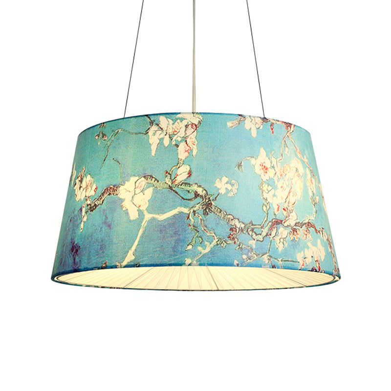 Blue/Beige 4 Heads Chandelier Light Pastoral Fabric Drum Hanging Pendant Lamp with Floral Pattern for Living Room Clearhalo 'Ceiling Lights' 'Chandeliers' Lighting' options 1460974
