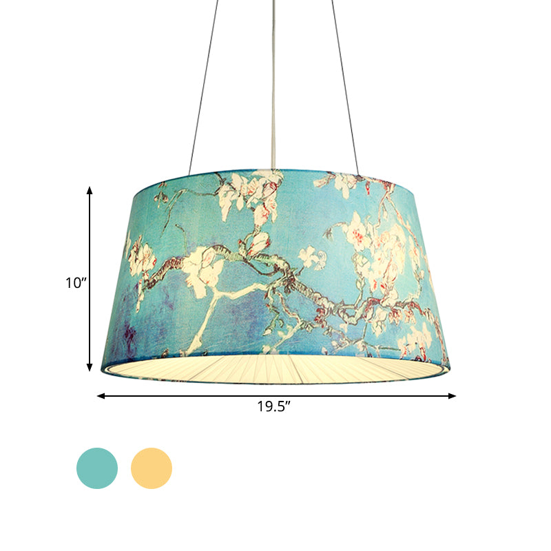 Blue/Beige 4 Heads Chandelier Light Pastoral Fabric Drum Hanging Pendant Lamp with Floral Pattern for Living Room Clearhalo 'Ceiling Lights' 'Chandeliers' Lighting' options 1460975