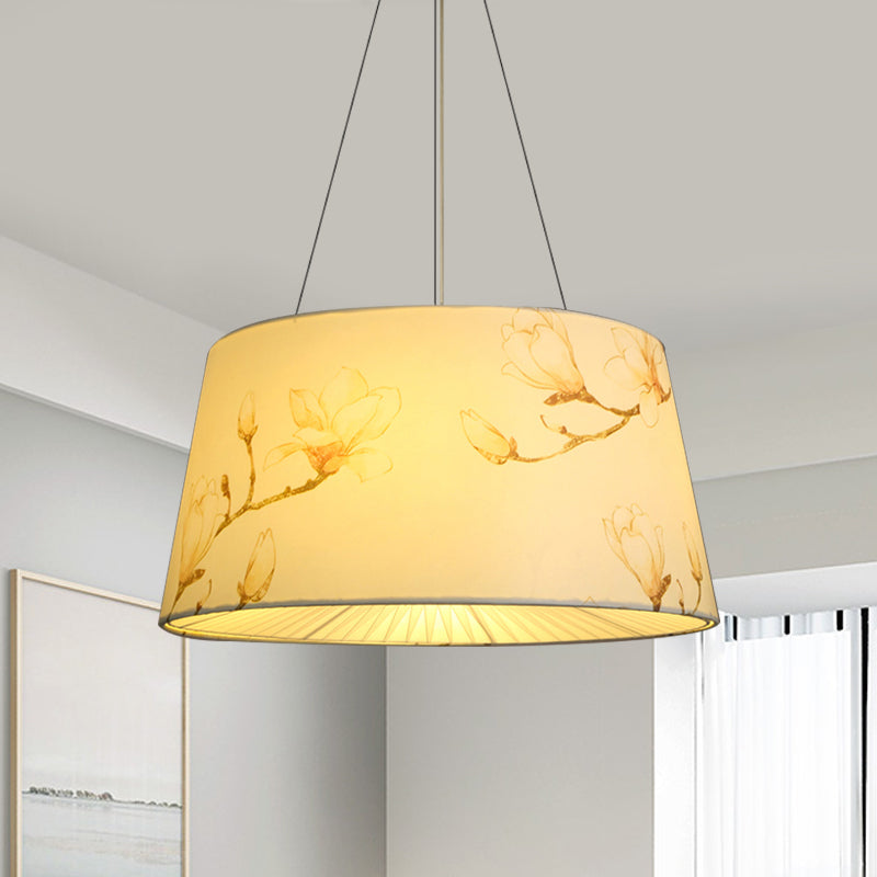 Blue/Beige 4 Heads Chandelier Light Pastoral Fabric Drum Hanging Pendant Lamp with Floral Pattern for Living Room Beige Clearhalo 'Ceiling Lights' 'Chandeliers' Lighting' options 1460976_9c4126dd-0bd5-4974-96ed-e1cfa7fd4597