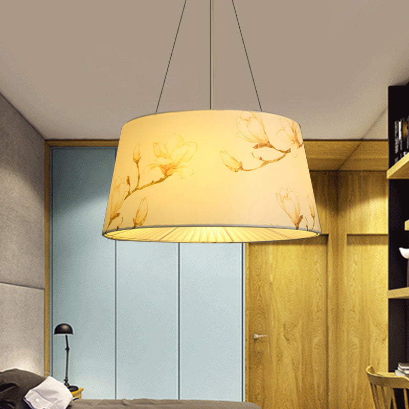Blue/Beige 4 Heads Chandelier Light Pastoral Fabric Drum Hanging Pendant Lamp with Floral Pattern for Living Room Clearhalo 'Ceiling Lights' 'Chandeliers' Lighting' options 1460977