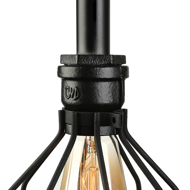 Metal Cage Shade Wall Sconce Fixture Industrial 2 Bulbs Living Room Wall Lighting with Gauge and Pipe in Black Clearhalo 'Art deco wall lights' 'Cast Iron' 'Glass' 'Industrial wall lights' 'Industrial' 'Middle century wall lights' 'Modern' 'Rustic wall lights' 'Tiffany' 'Traditional wall lights' 'Wall Lamps & Sconces' 'Wall Lights' Lighting' 146098
