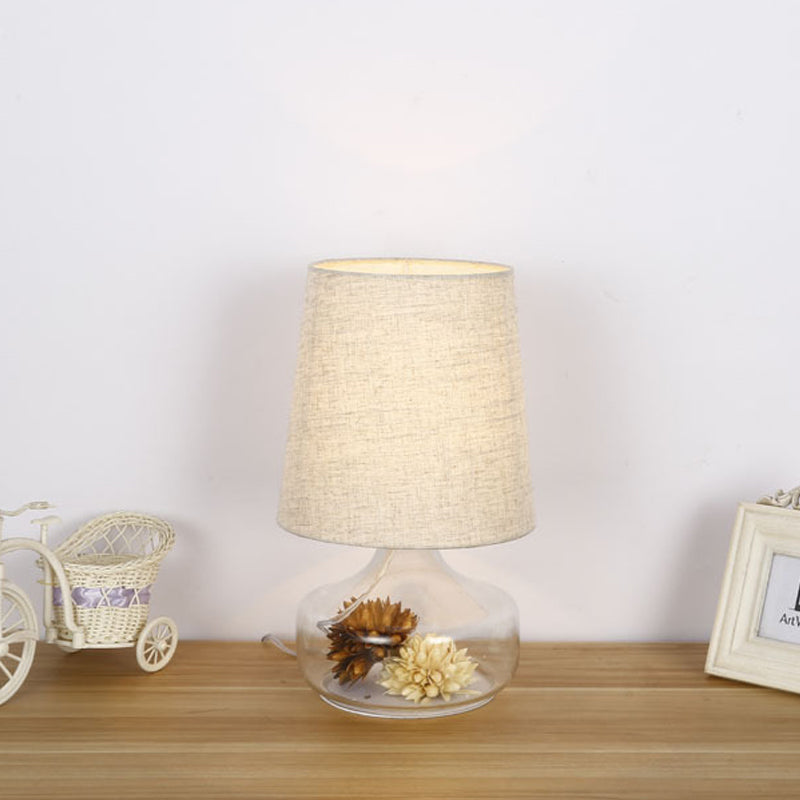 1-Head Fabric Desk Lighting Pastoral Cream Gray Tapered Bedroom Night Light with Clear Glass Base and Flower Clearhalo 'Lamps' 'Table Lamps' Lighting' 1460981