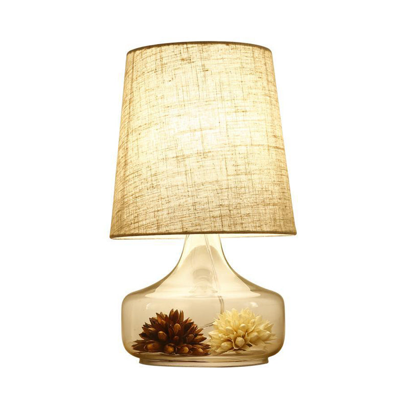 1-Head Fabric Desk Lighting Pastoral Cream Gray Tapered Bedroom Night Light with Clear Glass Base and Flower Clearhalo 'Lamps' 'Table Lamps' Lighting' 1460982