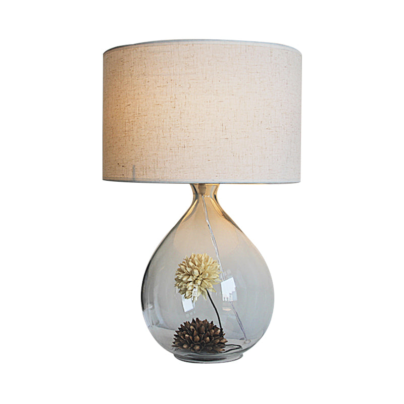 Drum Restaurant Table Light Pastoral Fabric 1-Head Cream Gray Night Lamp with Clear Glass Base and Dried Flower Clearhalo 'Lamps' 'Table Lamps' Lighting' 1460987