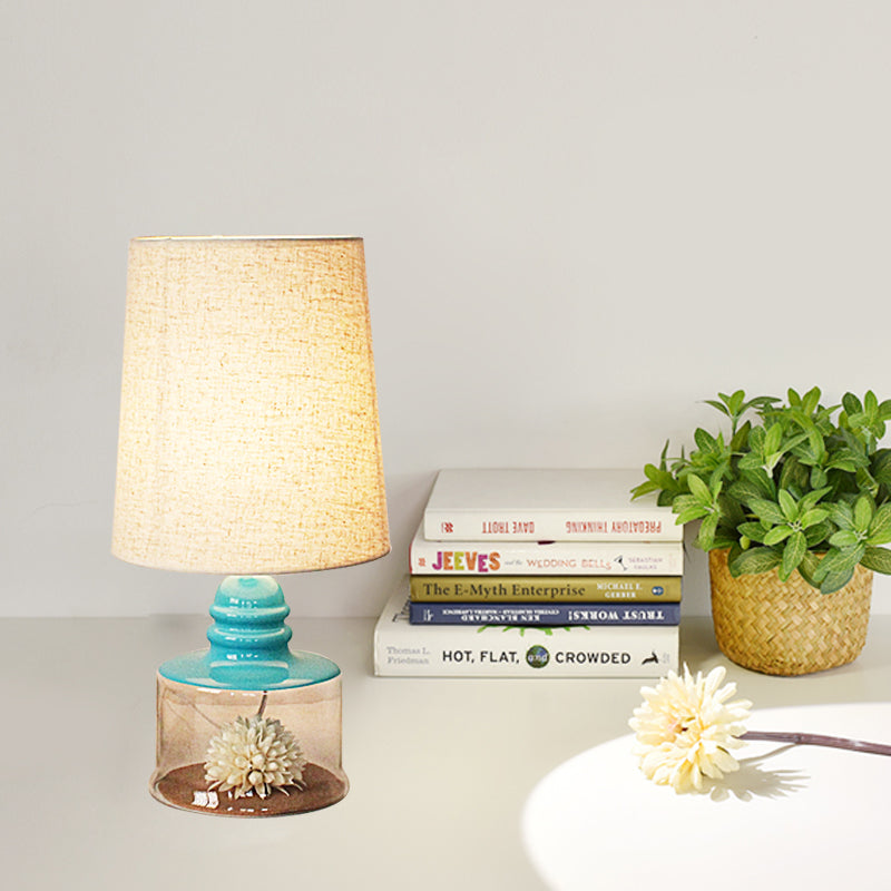 Pastoral Bucket Table Lamp 1-Bulb Fabric Night Light in Clear/Blue/Black with Dried Flower and Glass Base Clearhalo 'Lamps' 'Table Lamps' Lighting' 1460996