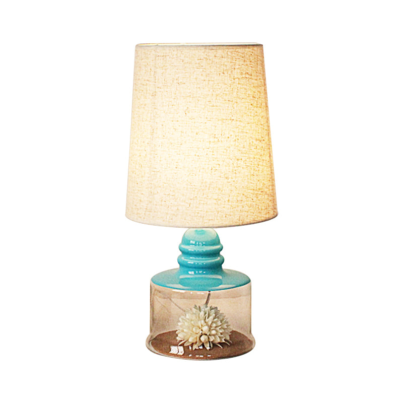 Pastoral Bucket Table Lamp 1-Bulb Fabric Night Light in Clear/Blue/Black with Dried Flower and Glass Base Clearhalo 'Lamps' 'Table Lamps' Lighting' 1460997