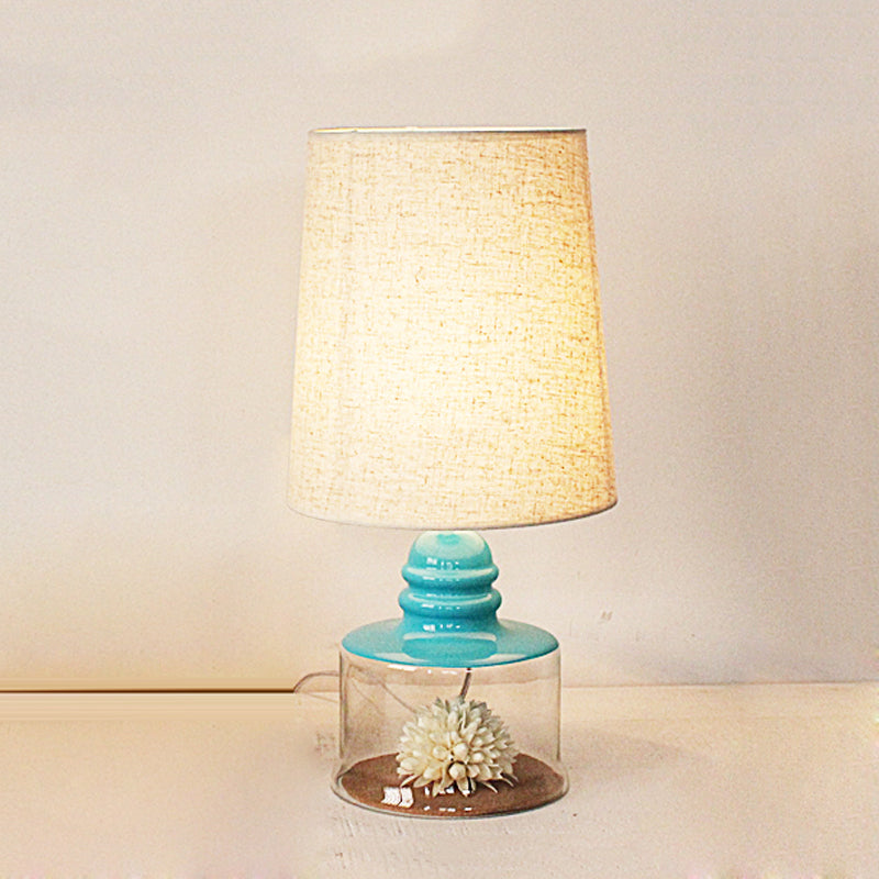 Pastoral Bucket Table Lamp 1-Bulb Fabric Night Light in Clear/Blue/Black with Dried Flower and Glass Base Clearhalo 'Lamps' 'Table Lamps' Lighting' 1460998