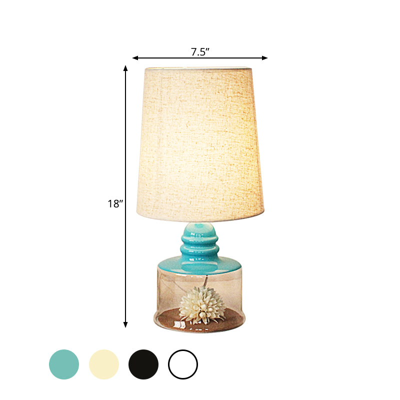 Pastoral Bucket Table Lamp 1-Bulb Fabric Night Light in Clear/Blue/Black with Dried Flower and Glass Base Clearhalo 'Lamps' 'Table Lamps' Lighting' 1460999