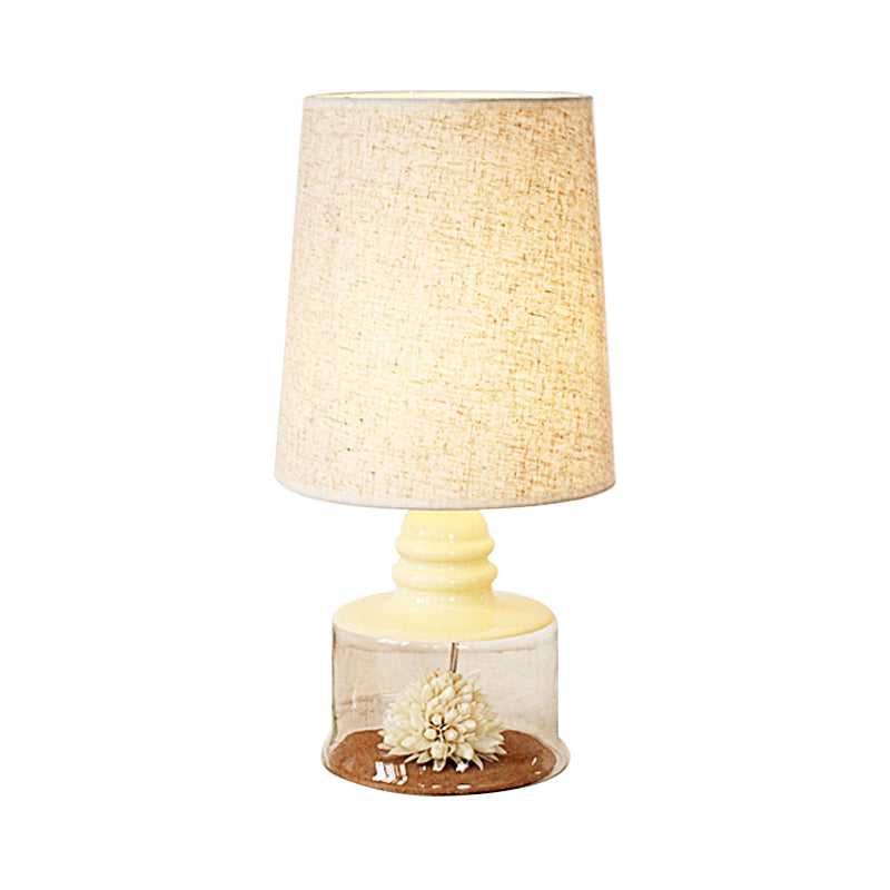 Pastoral Bucket Table Lamp 1-Bulb Fabric Night Light in Clear/Blue/Black with Dried Flower and Glass Base Clearhalo 'Lamps' 'Table Lamps' Lighting' 1461002