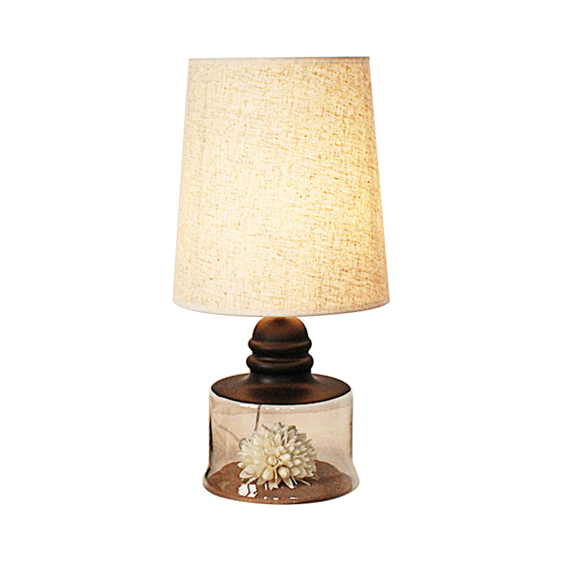 Pastoral Bucket Table Lamp 1-Bulb Fabric Night Light in Clear/Blue/Black with Dried Flower and Glass Base Clearhalo 'Lamps' 'Table Lamps' Lighting' 1461006