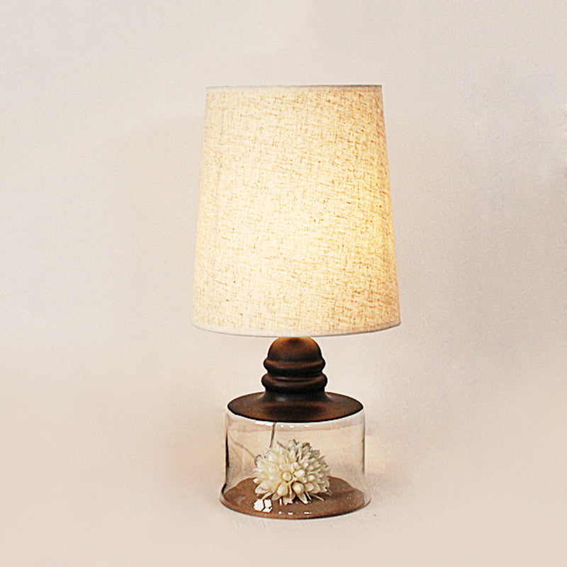 Pastoral Bucket Table Lamp 1-Bulb Fabric Night Light in Clear/Blue/Black with Dried Flower and Glass Base Clearhalo 'Lamps' 'Table Lamps' Lighting' 1461007