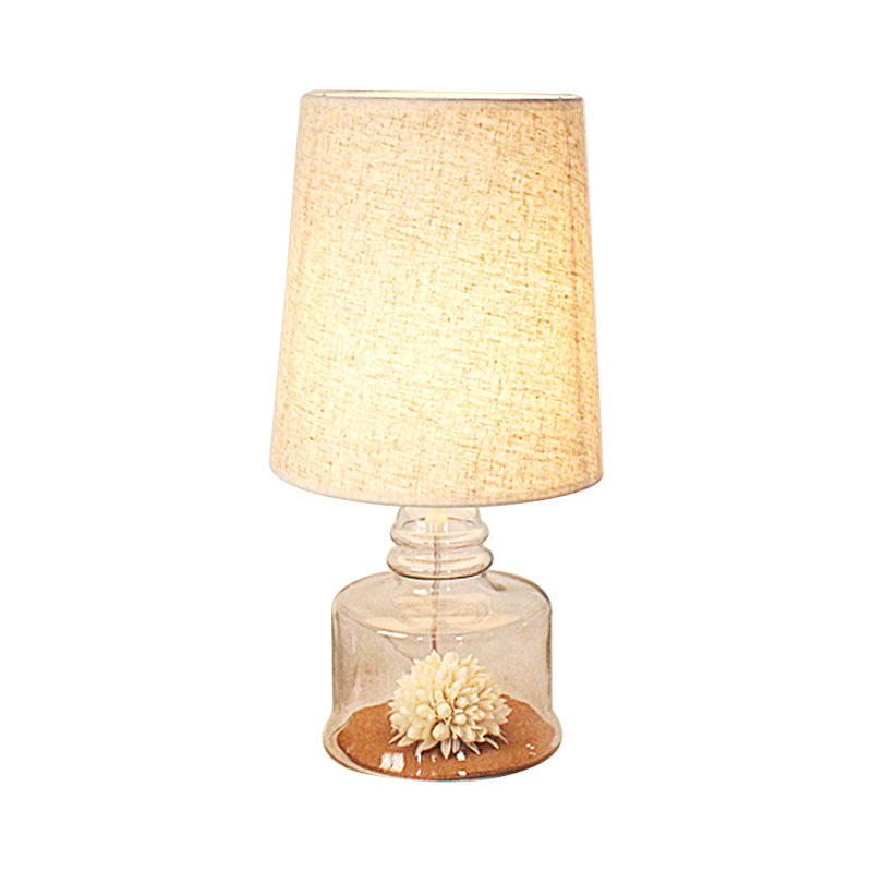 Pastoral Bucket Table Lamp 1-Bulb Fabric Night Light in Clear/Blue/Black with Dried Flower and Glass Base Clearhalo 'Lamps' 'Table Lamps' Lighting' 1461010