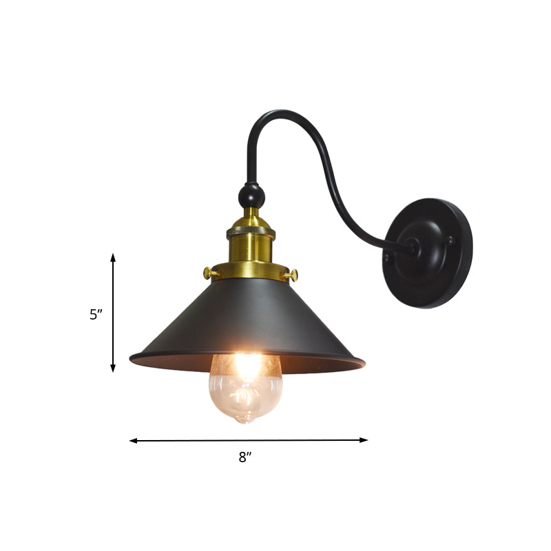 Black 1 Light Wall Lighting Retro Style Metal Conical Shade Sconce Lamp with Gooseneck Arm for Corridor Clearhalo 'Art deco wall lights' 'Cast Iron' 'Glass' 'Industrial wall lights' 'Industrial' 'Middle century wall lights' 'Modern' 'Rustic wall lights' 'Tiffany' 'Traditional wall lights' 'Wall Lamps & Sconces' 'Wall Lights' Lighting' 146102