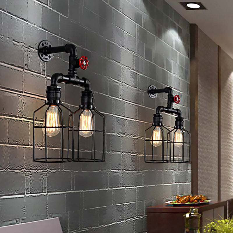 Double Caged Iron Sconce Lighting with Valve Wheel Industrial 2 Lights Hallway Wall Light Fixture in Black Clearhalo 'Art deco wall lights' 'Cast Iron' 'Glass' 'Industrial wall lights' 'Industrial' 'Middle century wall lights' 'Modern' 'Rustic wall lights' 'Tiffany' 'Traditional wall lights' 'Wall Lamps & Sconces' 'Wall Lights' Lighting' 146155