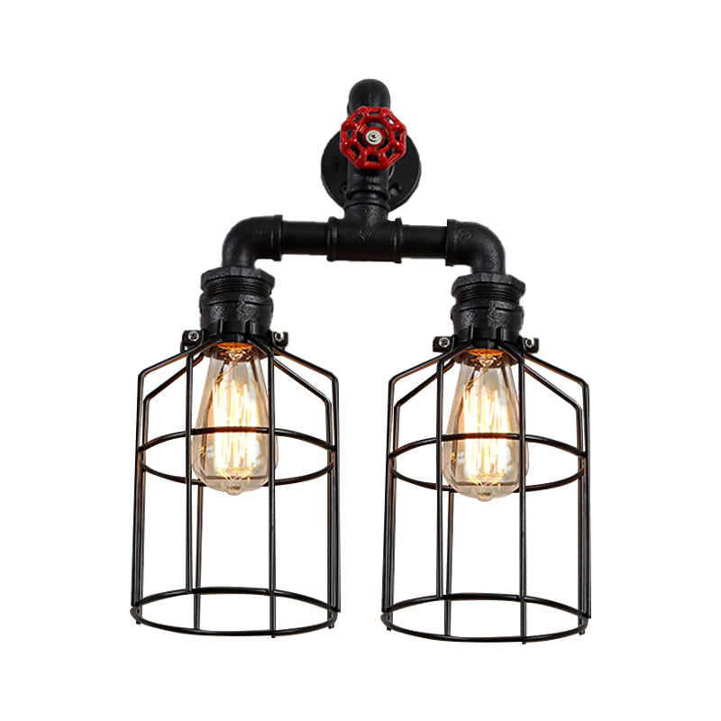 Double Caged Iron Sconce Lighting with Valve Wheel Industrial 2 Lights Hallway Wall Light Fixture in Black Clearhalo 'Art deco wall lights' 'Cast Iron' 'Glass' 'Industrial wall lights' 'Industrial' 'Middle century wall lights' 'Modern' 'Rustic wall lights' 'Tiffany' 'Traditional wall lights' 'Wall Lamps & Sconces' 'Wall Lights' Lighting' 146156