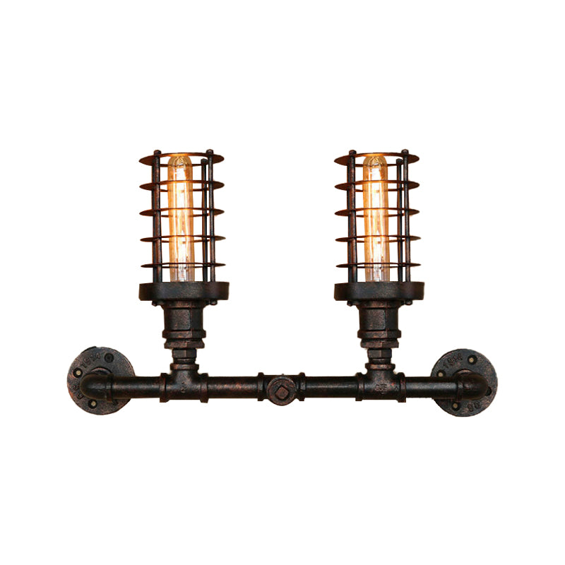 Steampunk Style Cylinder Wall Lamp with Wire Frame 2 Heads Iron Sconce Lighting in Aged Bronze for Living Room Clearhalo 'Art deco wall lights' 'Cast Iron' 'Glass' 'Industrial wall lights' 'Industrial' 'Middle century wall lights' 'Modern' 'Rustic wall lights' 'Tiffany' 'Traditional wall lights' 'Wall Lamps & Sconces' 'Wall Lights' Lighting' 146164