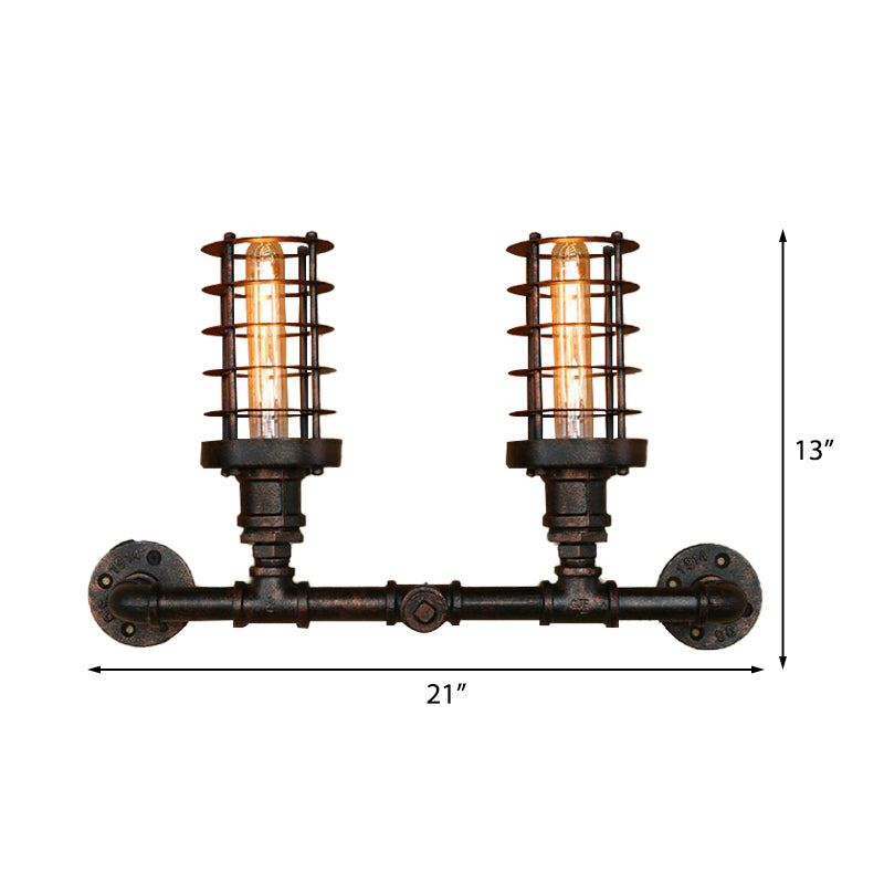 Steampunk Style Cylinder Wall Lamp with Wire Frame 2 Heads Iron Sconce Lighting in Aged Bronze for Living Room Clearhalo 'Art deco wall lights' 'Cast Iron' 'Glass' 'Industrial wall lights' 'Industrial' 'Middle century wall lights' 'Modern' 'Rustic wall lights' 'Tiffany' 'Traditional wall lights' 'Wall Lamps & Sconces' 'Wall Lights' Lighting' 146165