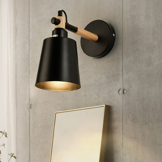 1 Light Cylindrical Wall Light Fixture Modernist Style Black Metallic Sconce Fixture with Wooden Joint for Bedroom Black Clearhalo 'Cast Iron' 'Glass' 'Industrial' 'Modern wall lights' 'Modern' 'Tiffany' 'Traditional wall lights' 'Wall Lamps & Sconces' 'Wall Lights' Lighting' 146439