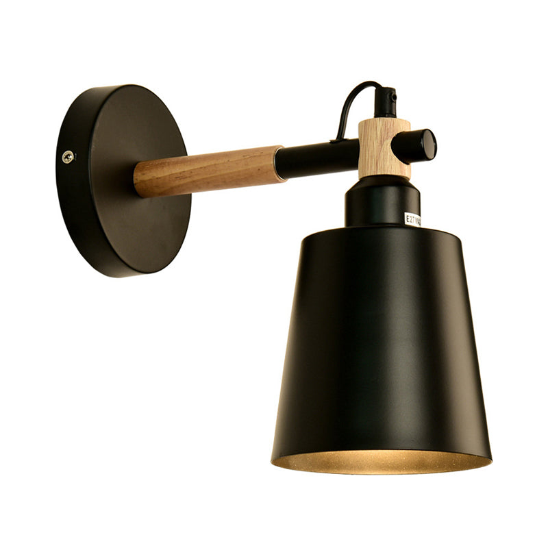 1 Light Cylindrical Wall Light Fixture Modernist Style Black Metallic Sconce Fixture with Wooden Joint for Bedroom Clearhalo 'Cast Iron' 'Glass' 'Industrial' 'Modern wall lights' 'Modern' 'Tiffany' 'Traditional wall lights' 'Wall Lamps & Sconces' 'Wall Lights' Lighting' 146441